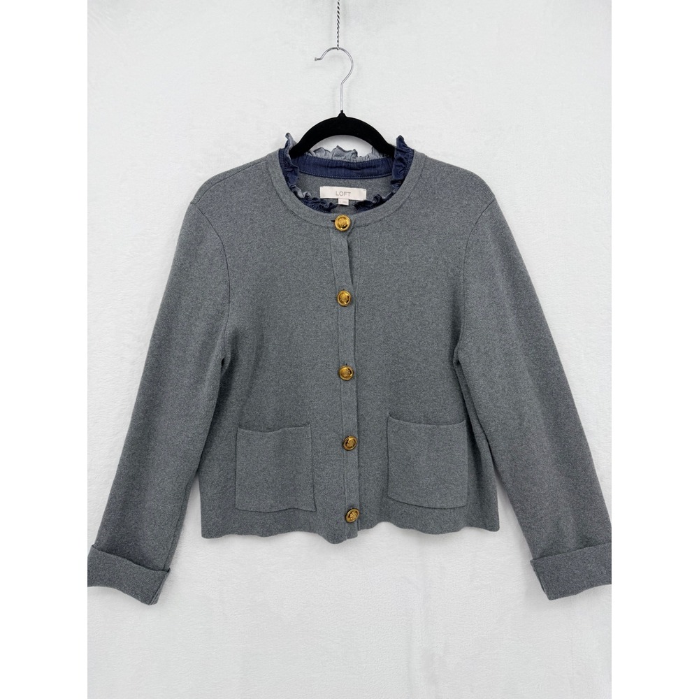 LOFT Gray Cotton Blend Ruffle Trim Cardigan Gold Crest Button Sweater L Career